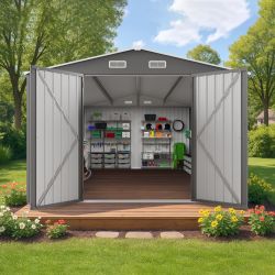 10x14 FT Outdoor Metal Storage Shed, Durable Garden Shed with Three Lockable Doors and Clear Window for Backyard, Patio, Garden, All-Weather Shelter f