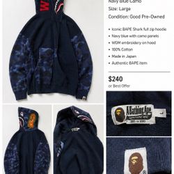 A Bathing Ape Men's Navy Blue Fleece Full Zip Hoodie Camouflage WGM Size L