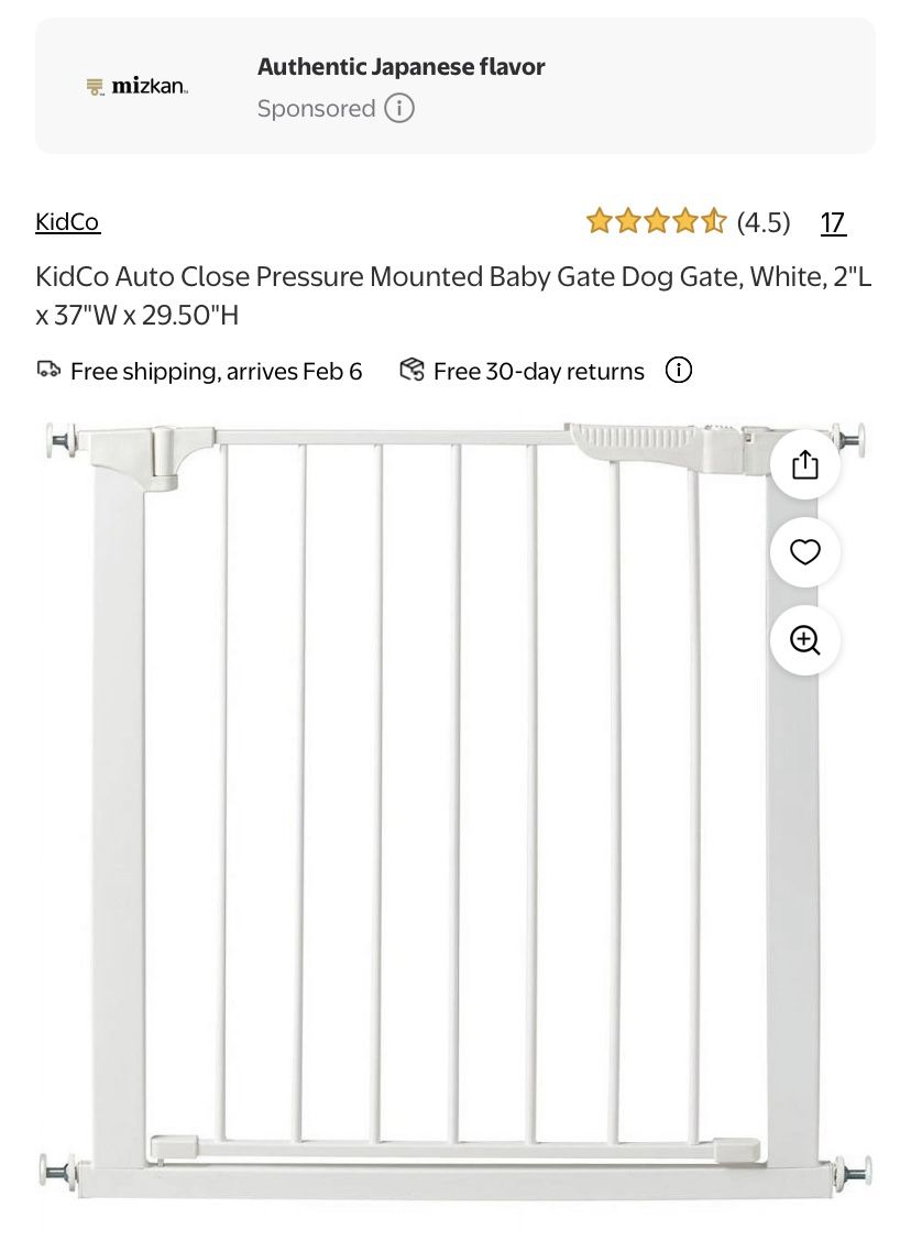 KidCo Auto Close Pressure Mounted Baby Gate Dog Gate, White, 2"L x 37"W x 29.50"H Metal NEW