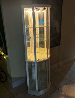 Hexagonal Glass Display Cabinet With Light & Mirrored-Back 70”H