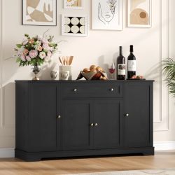 54.3"W Kitchen Sideboard Cabinet with Drawer, 4 Door Buffet Storage Cabinet with Adjustable Shelves, Black  