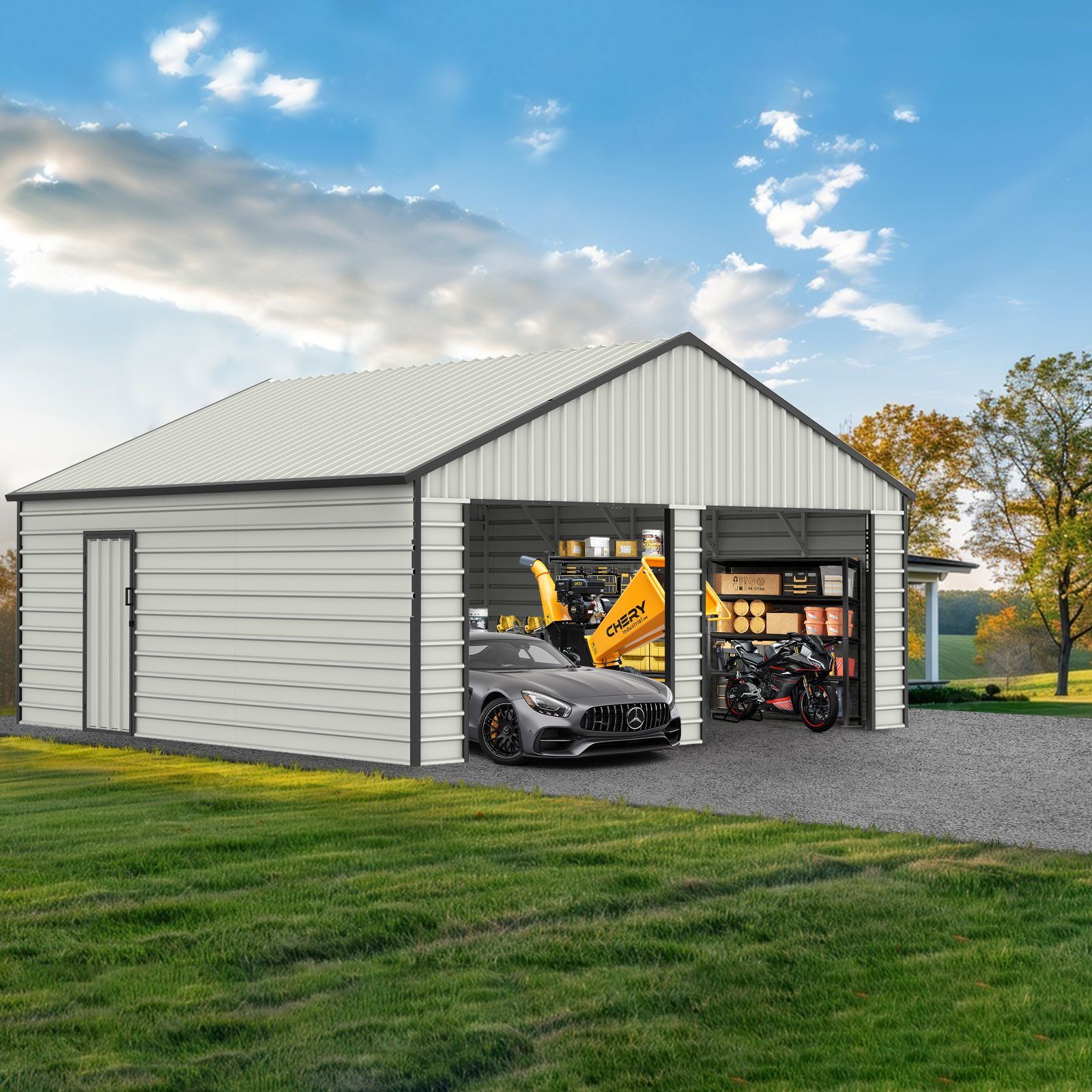 23FT x 22FT Double Door Garage Metal Shed with Side Entry Door,Can Storage Power Tools, Motorized Machinery, Farm Equipment, Pick Up Truck,All Products : American Fashion Style Bags On Sale