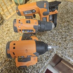 3 RIDGID TOOL COMBO 18V IMPACT/  1/2" DRILL/DRIVER AND 23 GAUGE FINISH NAILER