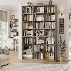 86"H Triple Wide Bookshelf and Bookcase, 7 Tier Tall Bookshelf with Storage, Lar