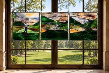 Like NEW Handcrafted Stained-Glass Golf Scene – Set of Three Large 20” Panels TRIPTYCH