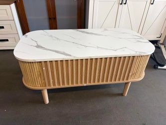 Modern Oval Coffee Table with Storage Organizer, 39" Wood Fluted Center Table , Coffee Tables with Shelf, Faux Marble Top, Curved Profile Design, Natu