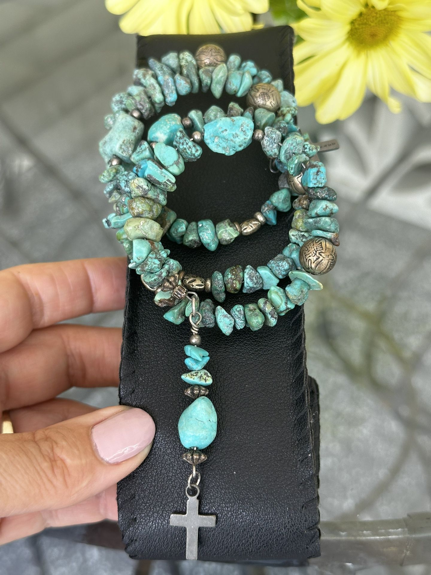 Wyatt Lee Anderson Navajo Turquoise Blue/Green Nuggets & Silver Tripple Wrap Bracelet.