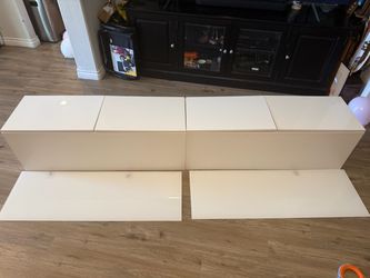 Pair IKEA BESTA White TV Console Storage Units w/ Glass Tops Cabinet Hardware