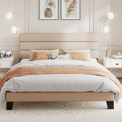 King Bed Frame, Platform Bed Frame with Fabric Upholstered Headboard, Beige
