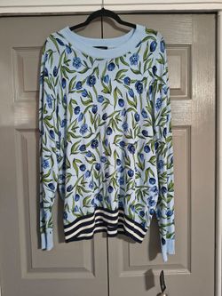 INC International Concepts Blue Tulip Floral Print  Pullover Sweater with Striped Trim Size Xl