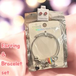 Stainless Steel Pink Earring And Bracelet Set 