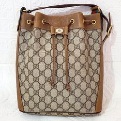 EUC Auth Gucci Monogram Gg Web Bucket Canvas Leather Shoulder Bag
