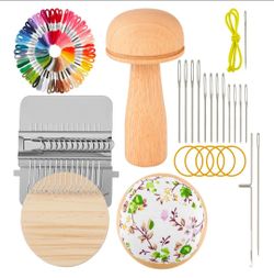 Mini Darning Loom Kit, Mushroom Knit Patch Kit, PatchMaker Mending Tool with 50 Colors Yarn, 14 Hooks, Weaving Loom for Socks, Jeans & Sweaters, Cloth