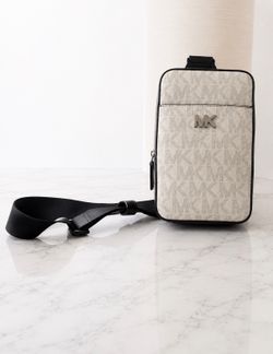 Michael Kors MK Monogram Small Crossbody Phone Bag Zip, white/Black Strap