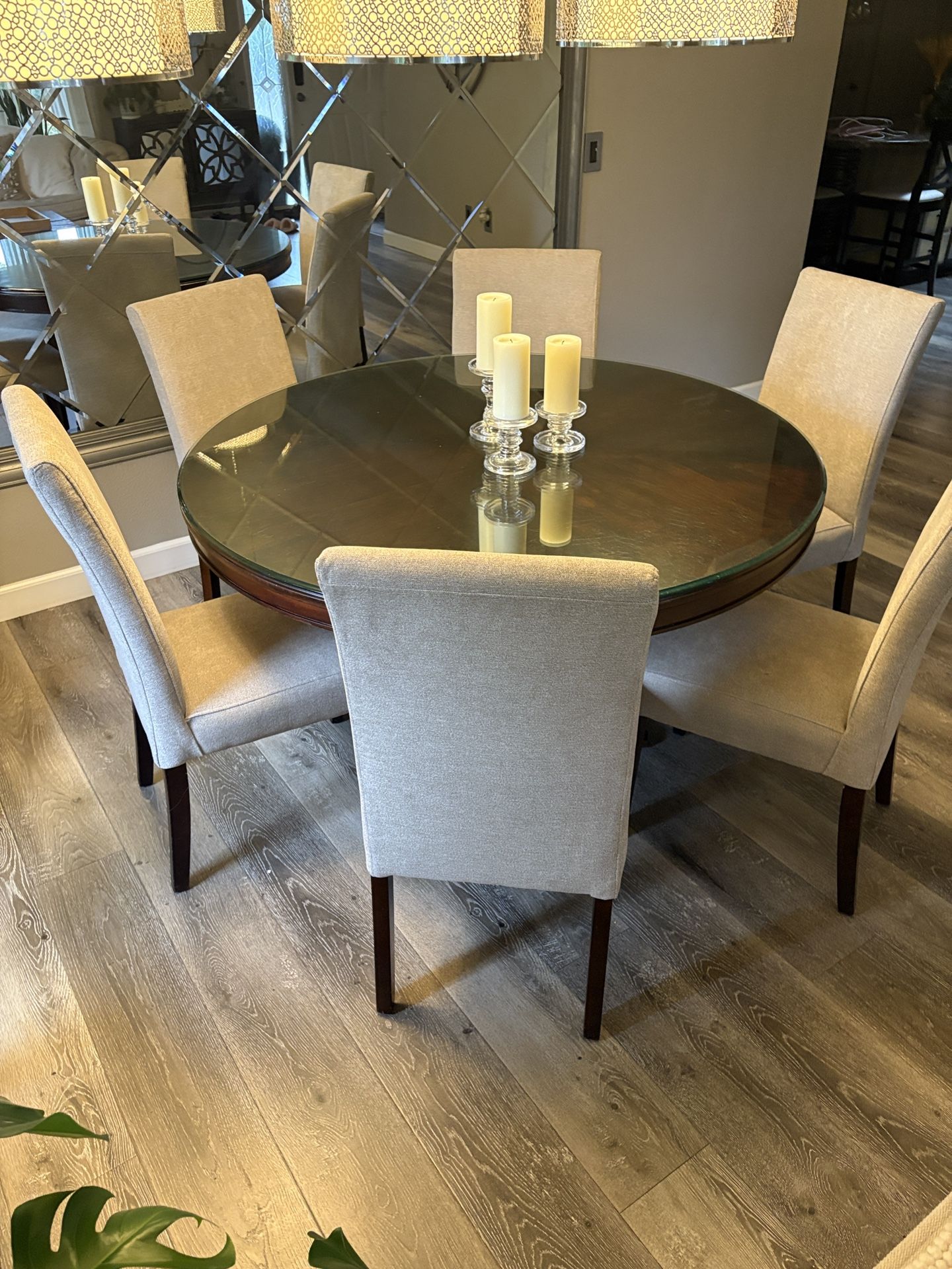 Solid Wood Round Dining Tabled 52”(+ Glass Top) And Six Chairs