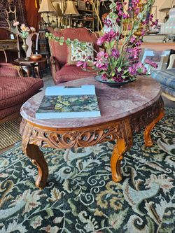 Carved Rosewood and Pink Marble Oval Rococo Style Coffee Table