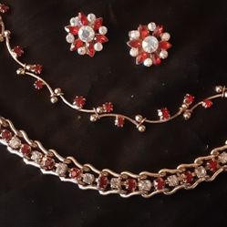 Red & Clear Crystal  EARRINGS, Bracelet & MONET Choker Necklace 