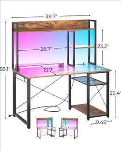 Gaming Desk with LED Lights and Shelves