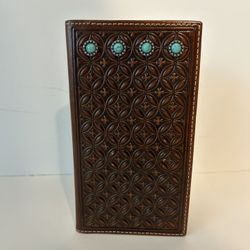 Nocona Brown Genuine Leather Bi-fold Wallet With Turquoise Stones