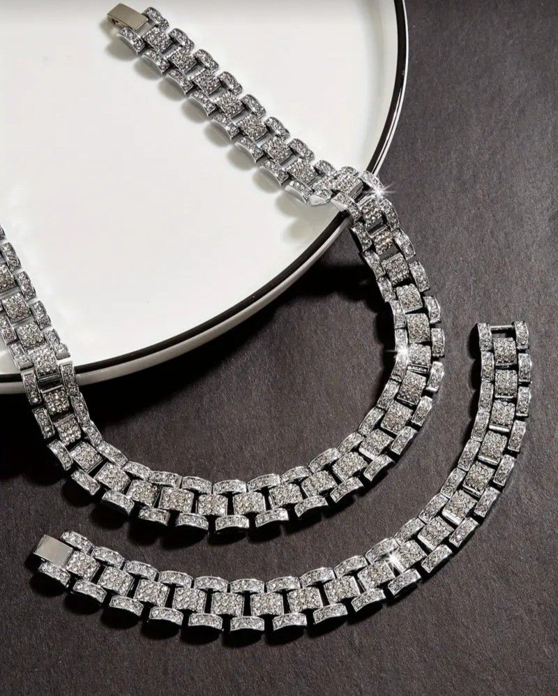 Men's Luxury 2 Pcs Necklace And  Bracelet Set Unique Watch Chain Cuban Link With Inlaid Cubic Zirconia 