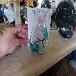 Anchor Hocking hand painted clear glass vase with teal flowers.