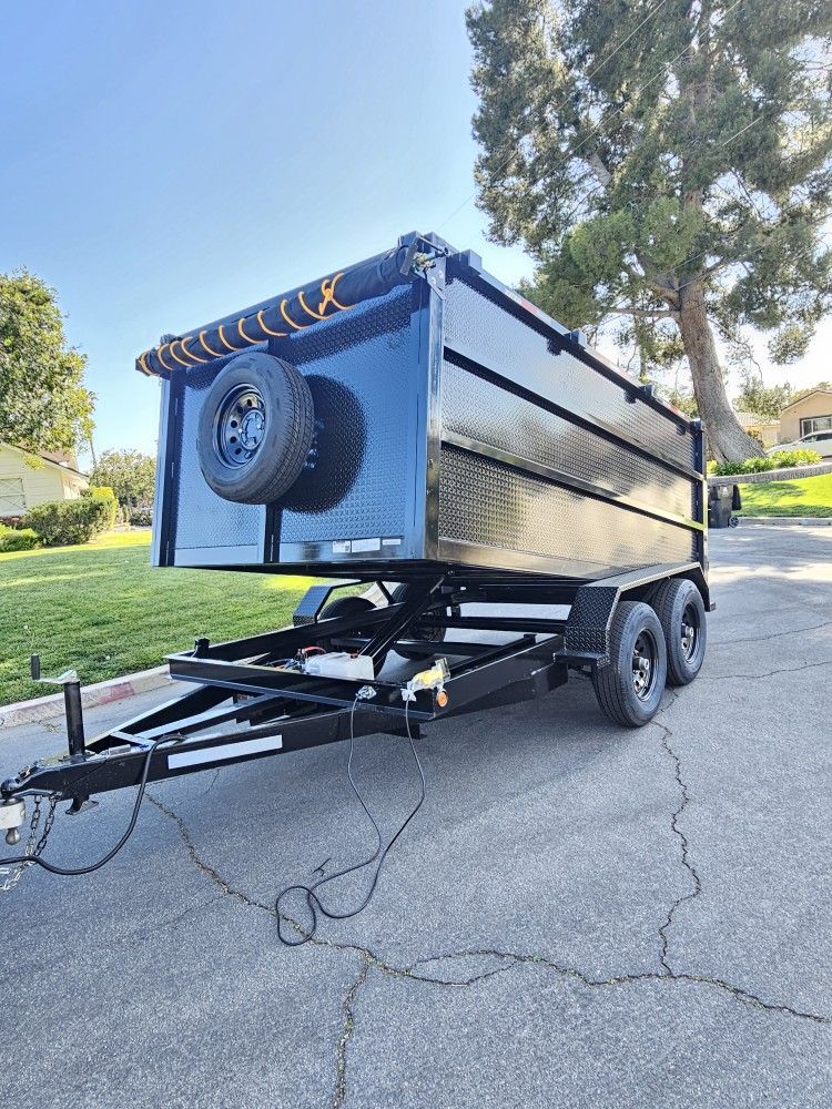 NEW DUMP TRAILERS 8X12X4 ROLLING TARP AND SPARE TIRE 2026 YEAR ELECTRIC BRAKES LIGHTS REMOTE CONTROL TITLE IN HAND READY FOR WORK