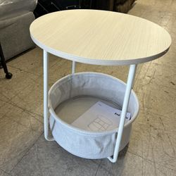 VASAGLE Small Round Side End Table Modern Nightstand with Fabric Basket - Cream White