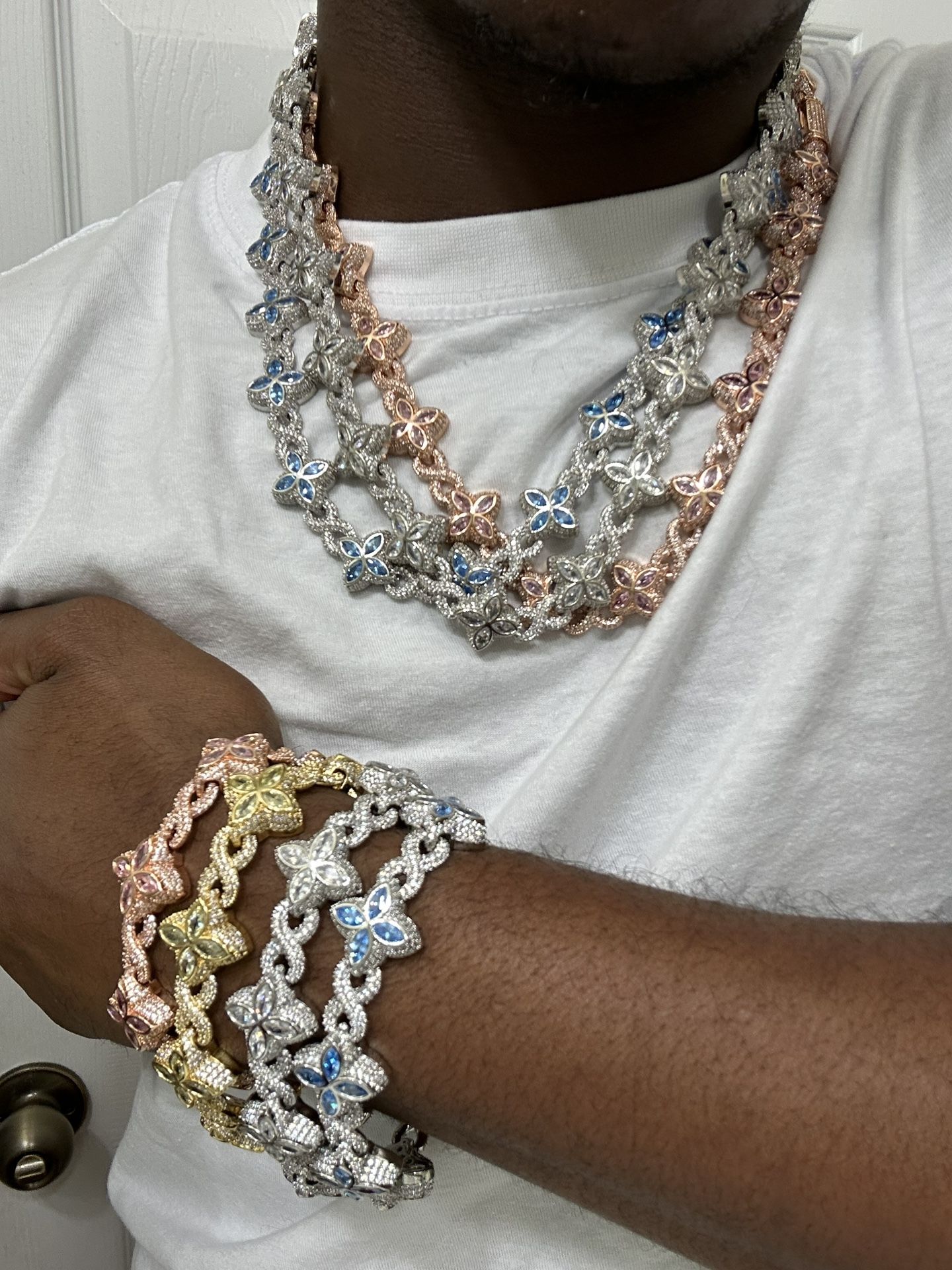 Flower 4 Leaf Clover Iced Out Premium Quality Chains & Bracelet Rose Gold Gold | Pink | Silver| Blue