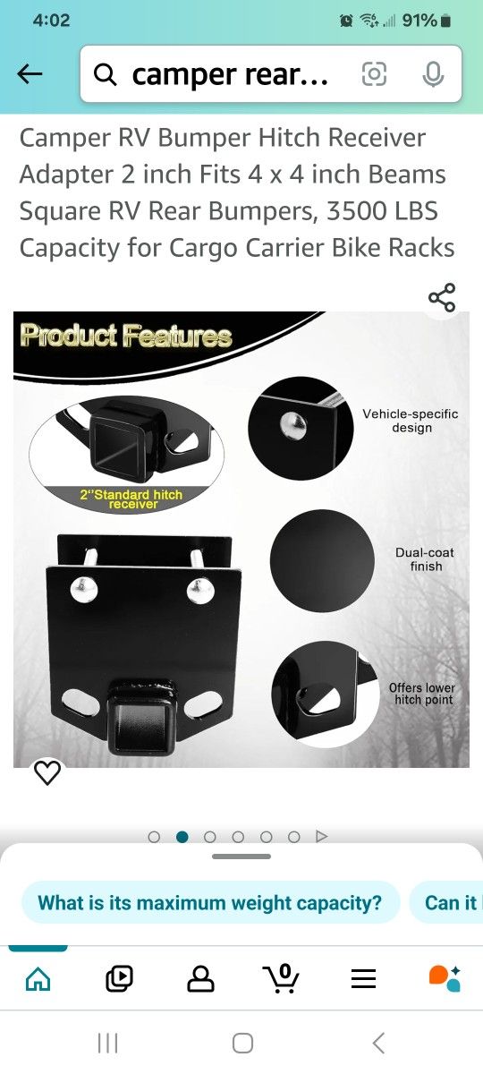 Rv or Camper Rear Bumper Standard Hitch Receiver