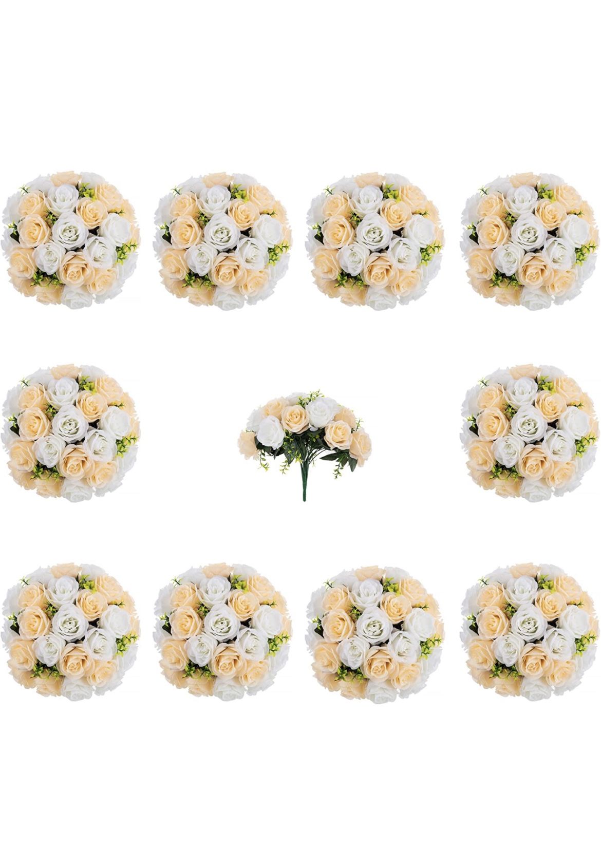 Nuptio Flower Ball Arrangement Bouquet: 10 Bunches of 15 Buds Champagne & White Fake Flowers Roses Balls for Centerpieces Tables - Artificial Rose Arr