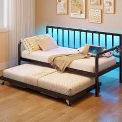 TWIN Height Adjustable Daybed Frame with Trundle Charging Station LED Lights, Black *Brand New*
