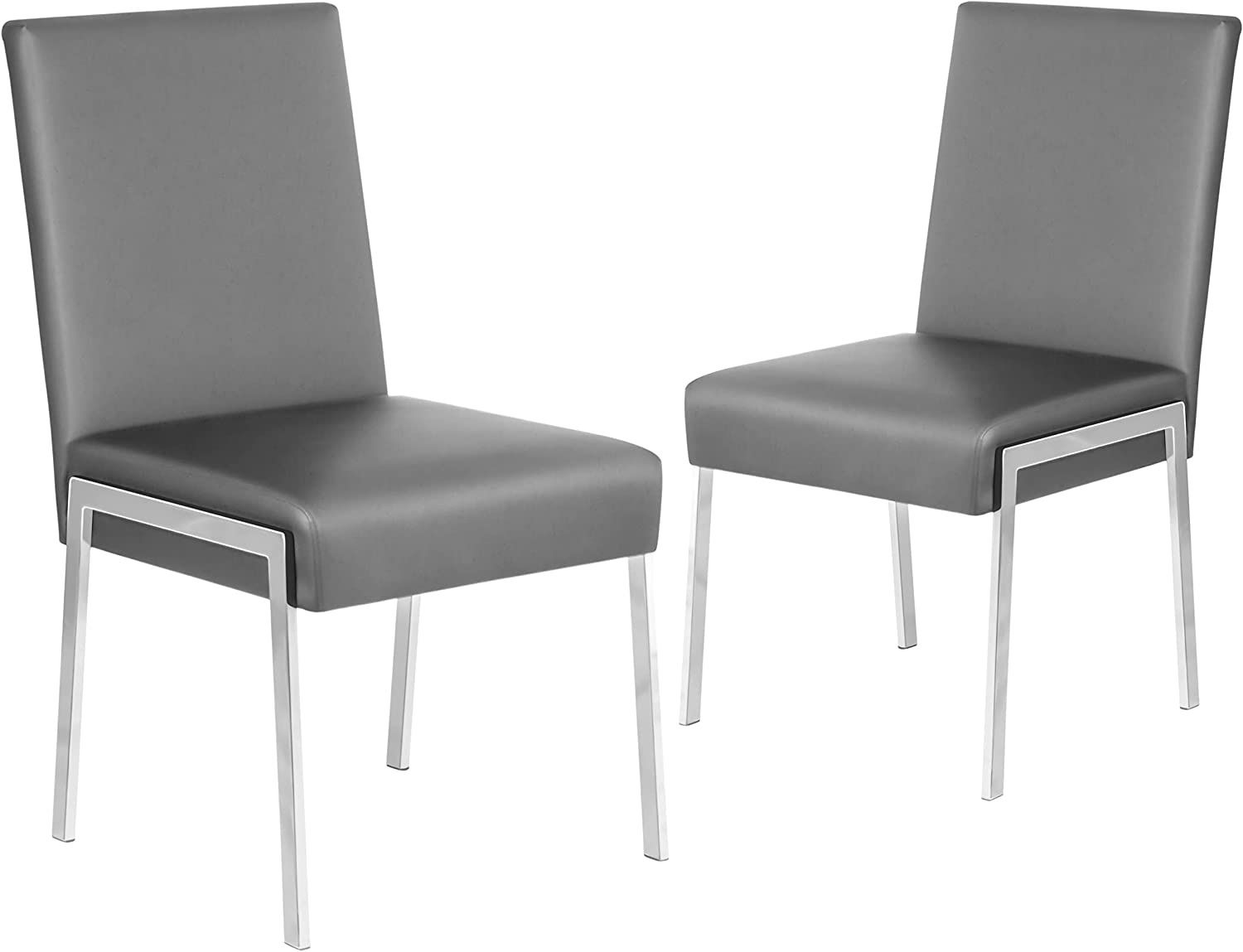 Modern Faux Leather Dining Chairs Set of 2, Armless Upholstered Grey Accent Chairs with Chromed Metal Legs for Kitchen Dining Room