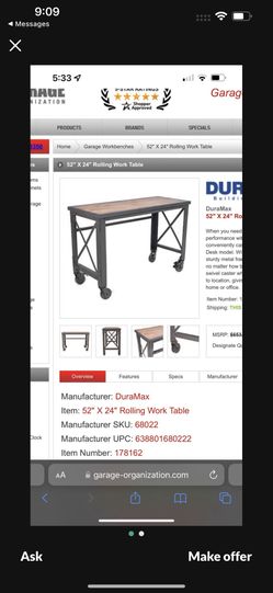Duramax 52” X 24” Rolling Work Table