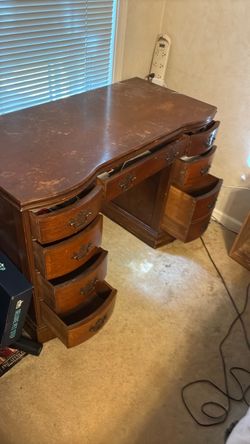 Vintage Wood Kneehole Desk with Drawers