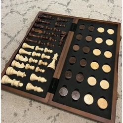 New Magnetic Wooden Chess and Checkers Game Set, 15 Inches (2 in 1) Chess Board
