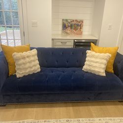 Blue Velvet Tufted Sofa With Nailhead Trim