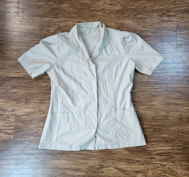 Adar Women’s Beige Scrub Top Medical Nursing Short Sleeve Size Large