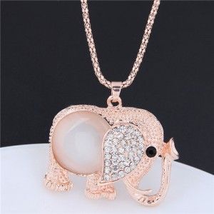 ELEPHANT RHINESTONE AND OPAL EMBELLISHED GOLD ROSE TONE LONG CHAIN PENDENT NECKLACE