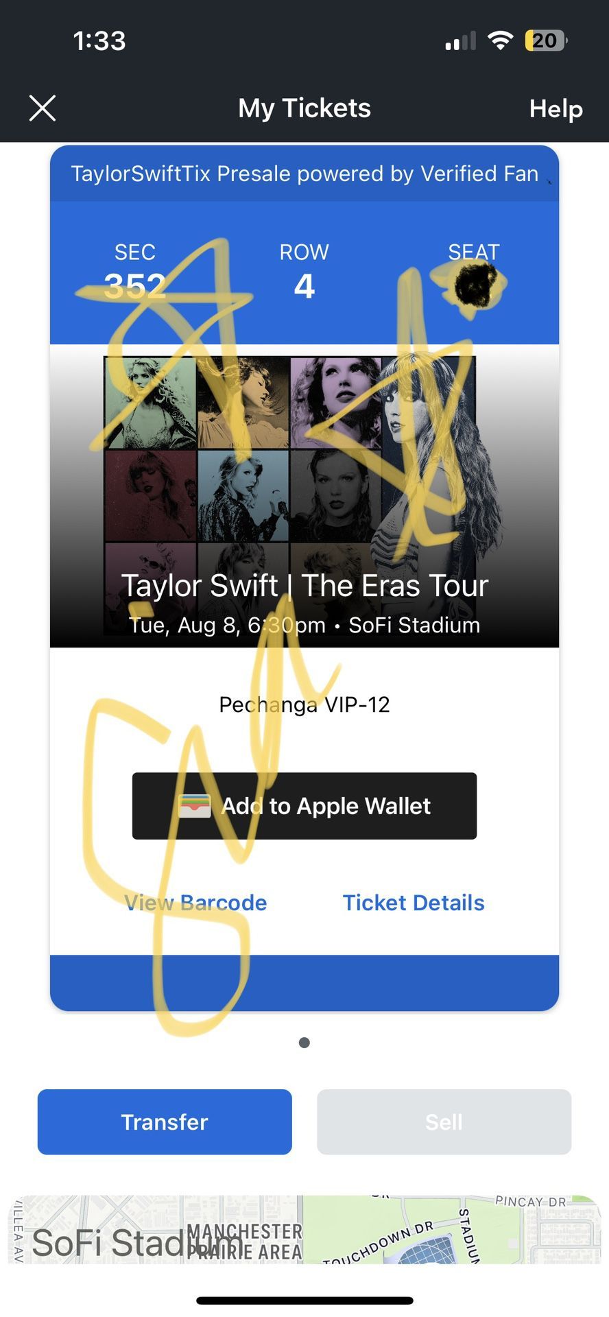 sofi stadium taylor swift ticket section 352 8/8