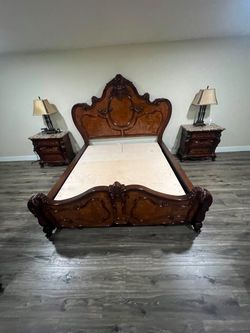 Ornate Carved Wood King Bed Frame