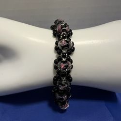 Handmade Black And Hints Of Pink Rose Bracelet 