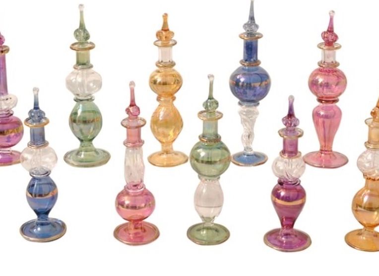 Set of 12 Egyptian perfume/essential oils bottles (hand-blown, decorative, pyrex glass vials)