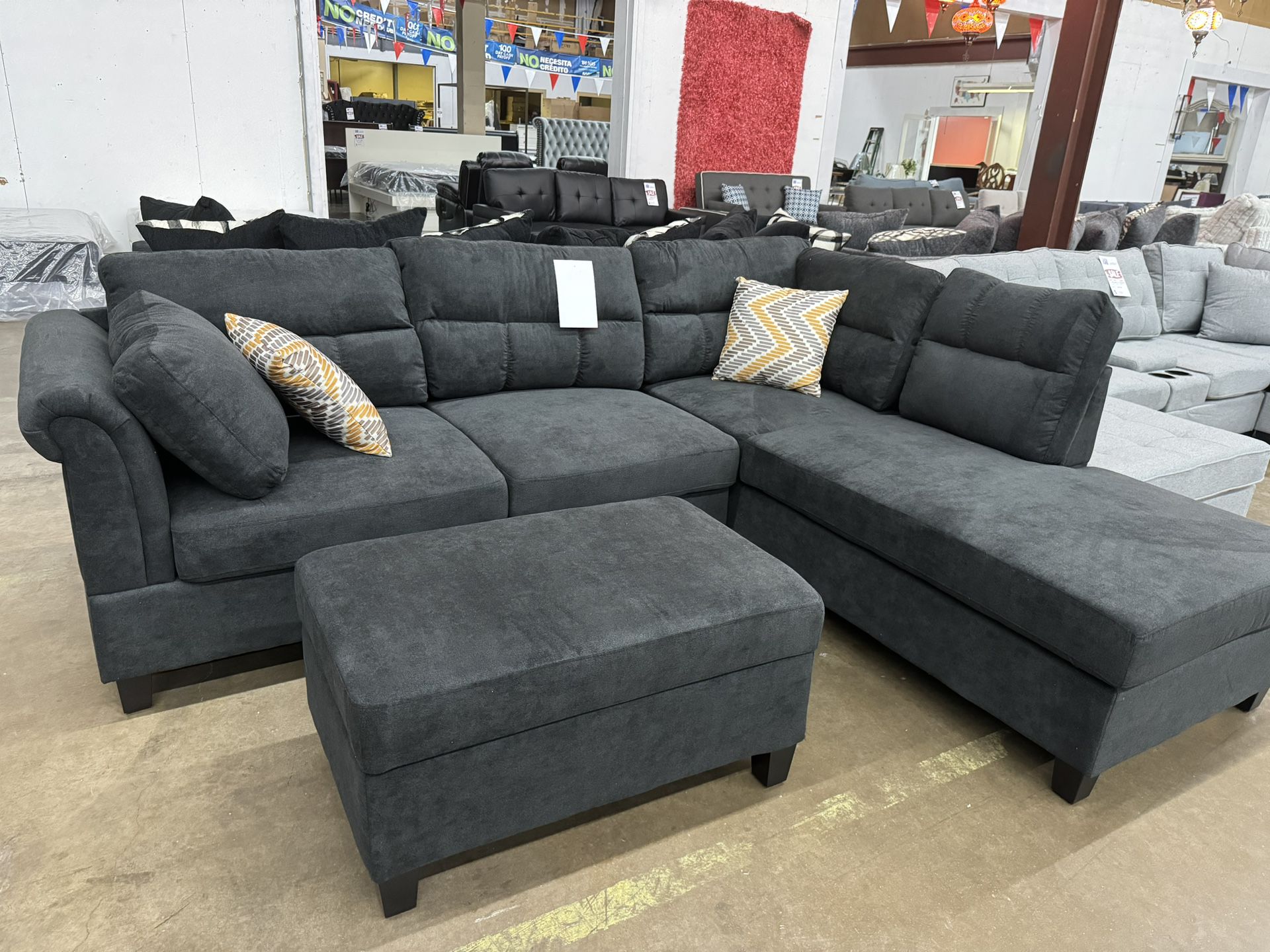 Brand New Charcoal Sectional With Ottoman