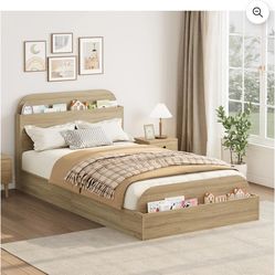 GarveeHome Twin Size Bed Frame, Wooden Beds with Storage Headboard and Raised-Foodboard for Kid, Twin-Floor Low Platform Bed for Bedroom, Sturdy Woode