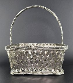 Vintage Silver Woven Metal Basket w/Handle 8" Tall