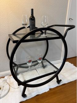 Modern Black Bar Cart – Round Hoop Design with Tempered Glass Shelves