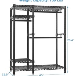 4 Tiers Adjustable Wire Shelving Clothing Racks with 3 Hanging Rods