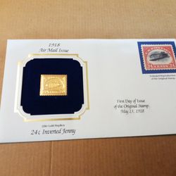 Gold Replica Of The Original 24 Cent "Upside Down JENNY" .  The Original Stamp Was Issued On May 13, 1918.  
