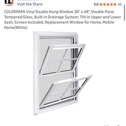 COLORPAPA Vinyl Double Hung Window 36" x 48", Double-Pane Tempered Glass, Built-in Drainage System, Tilt-in Upper and Lower Sash, Screen Included, Rep