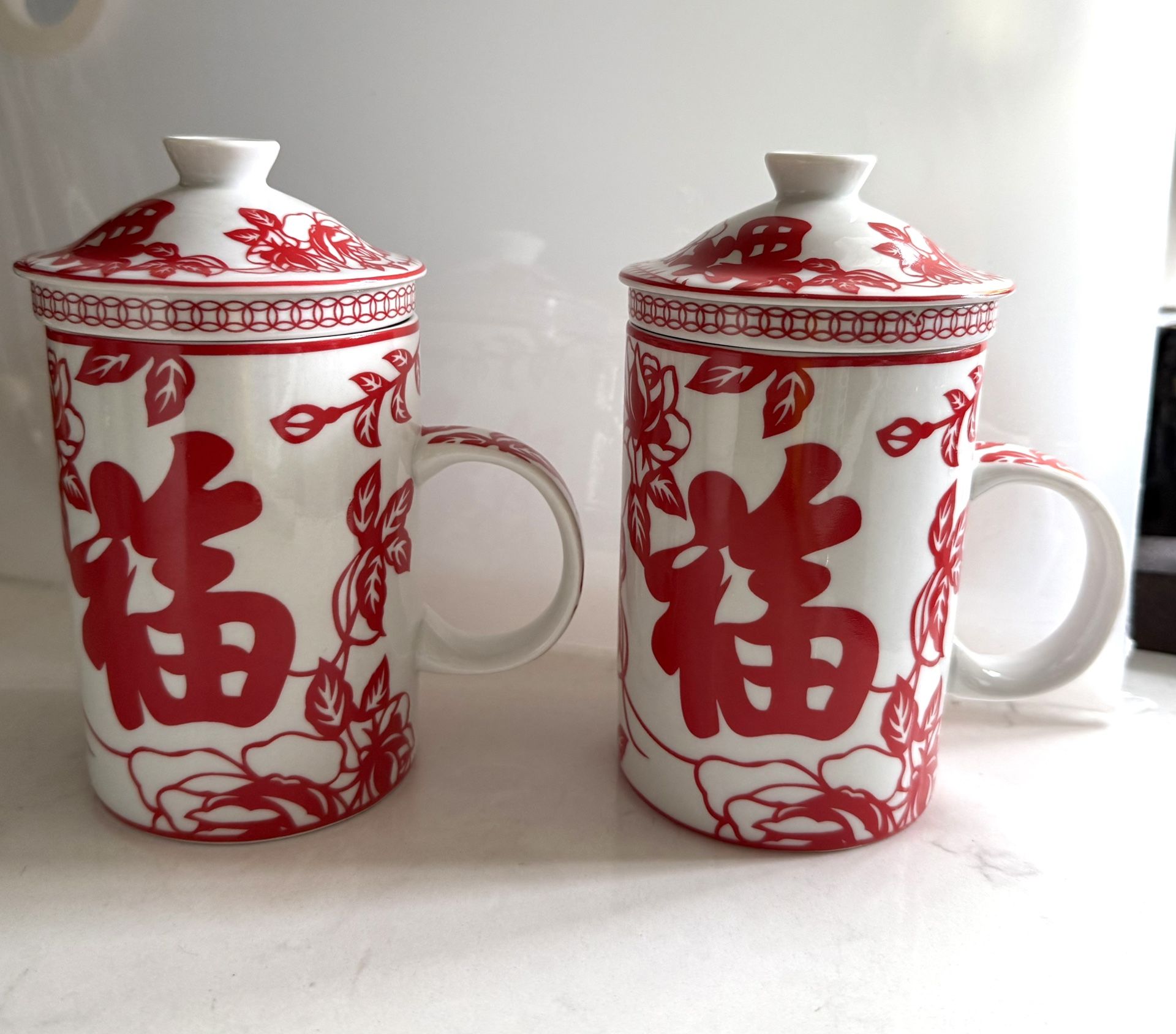 Set of 2 Red White Porcelain Good Fortune Loose Leaf Tea Brewing Mugs, Lids & Infusers 